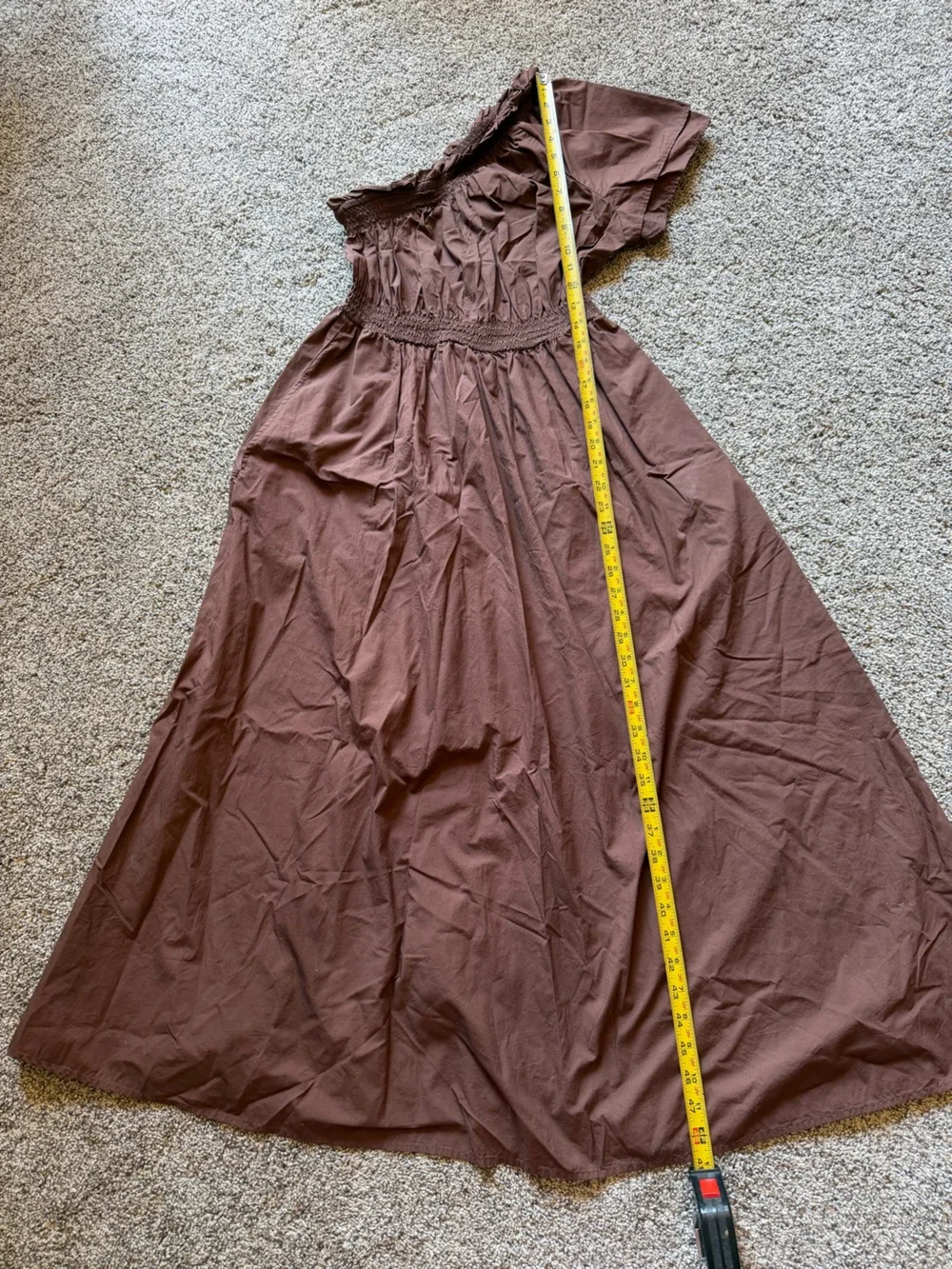 J.CREW Chocolate Brown Sz S One Shoulder Smocked Cotton Poplin Midi Dress BR403